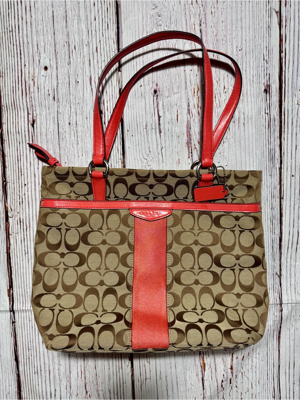 Coach Y2K Monogram Signature Canvas Tote with Coral Patent Trim Pristine